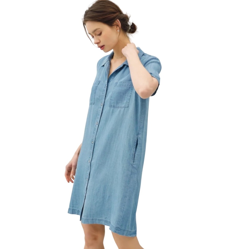 J. Jill Denim Tencel Lyocell Shirt Dress Blue Short Sleeve Button Front M Tall - Picture 3 of 16